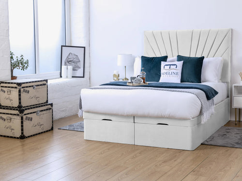 Sunset Sunburst Channel Ottoman End Lift Storage Bed Set with Floor Standing Headboard & Footboard