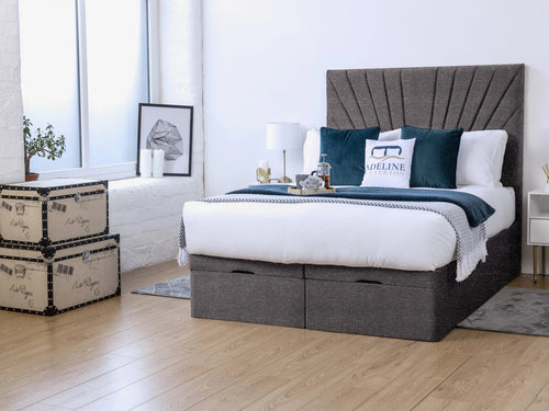 Sunset Sunburst Channel Ottoman End Lift Storage Bed Set with Floor Standing Headboard & Footboard