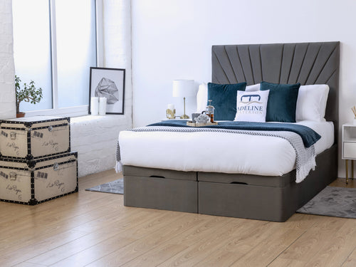 Sunset Sunburst Channel Ottoman End Lift Storage Bed Set with Floor Standing Headboard & Footboard