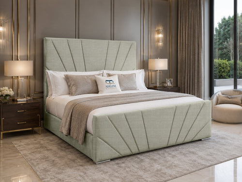 Sydney Sunburst Channel Wingback Upholstered Bed Set with Floor Standing Headboard, Footboard & Storage Upgrade Option