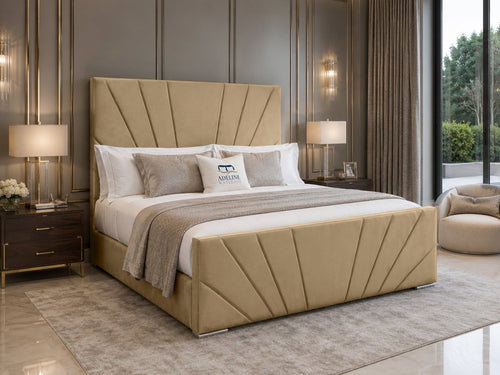 Sydney Sunburst Channel Wingback Upholstered Bed Set with Floor Standing Headboard, Footboard & Storage Upgrade Option