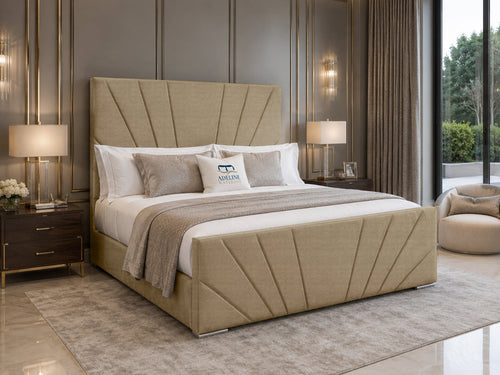 Sydney Sunburst Channel Wingback Upholstered Bed Set with Floor Standing Headboard, Footboard & Storage Upgrade Option