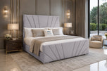 Silver Plush Velvet - Sydney Sunburst Channel Wingback Upholstered Bed Set with Floor Standing Headboard, Footboard & Storage Upgrade Option