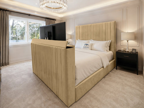 Ashton Fine Vertical Channel Storage TV Bed Set with End Lift – 48" Floor Standing Headboard
