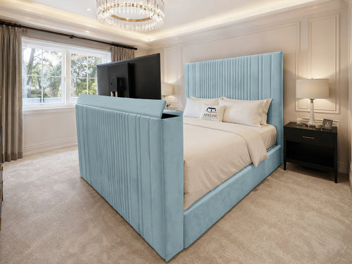 Ashton Fine Vertical Channel Storage TV Bed Set with End Lift – 48" Floor Standing Headboard