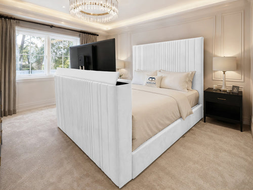 Ashton Fine Vertical Channel Storage TV Bed Set with End Lift – 54" Floor Standing Headboard