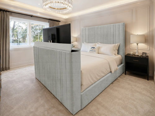 Ashton Fine Vertical Channel Storage TV Bed Set with End Lift – 54" Floor Standing Headboard