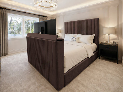 Ashton Fine Vertical Channel Storage TV Bed Set with End Lift – 54" Floor Standing Headboard