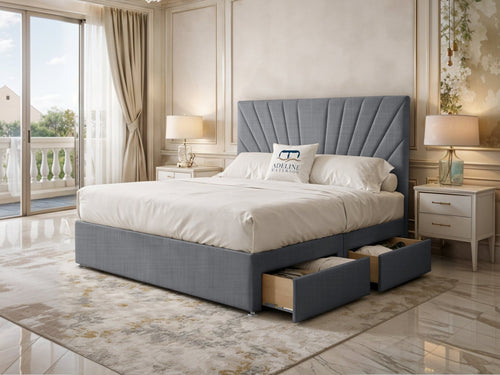 Celeste Sunburst Channel Divan Bed Set with Storage Drawers, Floor Standing Headboard & Footboard