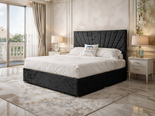 Celeste Sunburst Channel Divan Bed Set with Storage Drawers, Floor Standing Headboard & Footboard