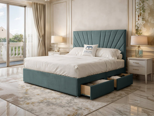 Celeste Sunburst Channel Divan Bed Set with Storage Drawers, Floor Standing Headboard & Footboard