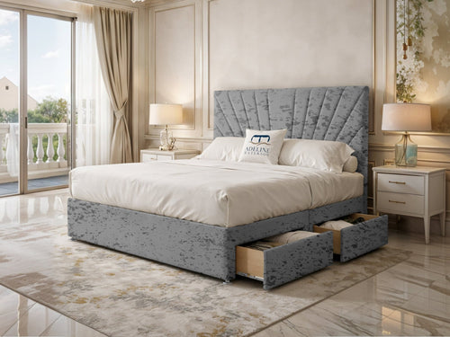 Celeste Sunburst Channel Divan Bed Set with Storage Drawers, Floor Standing Headboard & Footboard
