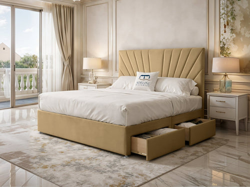 Celeste Sunburst Channel Divan Bed Set with Storage Drawers, Floor Standing Headboard & Footboard