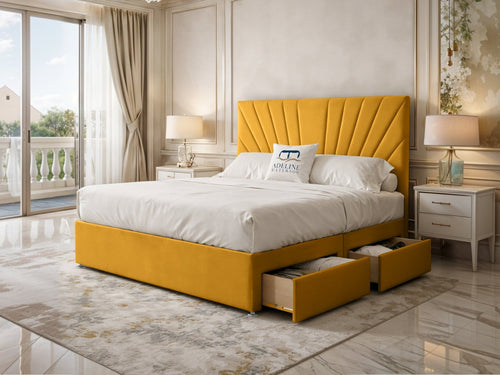 Celeste Sunburst Channel Divan Bed Set with Storage Drawers, Floor Standing Headboard & Footboard