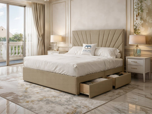 Celeste Sunburst Channel Divan Bed Set with Storage Drawers, Floor Standing Headboard & Footboard