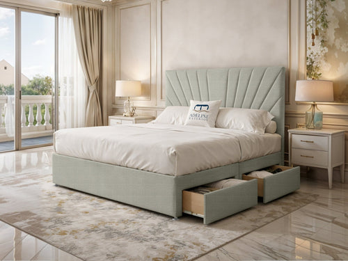 Celeste Sunburst Channel Divan Bed Set with Storage Drawers, Floor Standing Headboard & Footboard