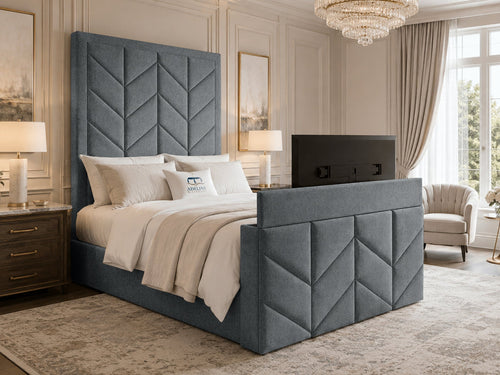 Chevron Luxe Storage TV Bed Set with End Lift – 54" Floor Standing Headboard
