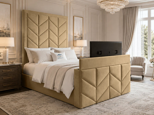 Chevron Luxe Storage TV Bed Set with End Lift – 60" Floor Standing Headboard