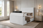 White Plush Velvet - Claridge Vertical Channel Storage TV Bed Set with End Lift – 48" Floor Standing Headboard