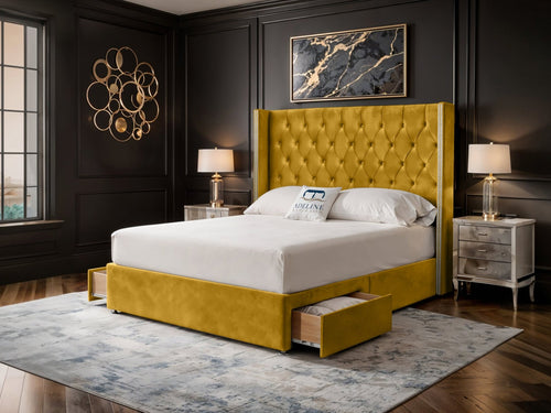 Duchess Button-Tufted Wingback Divan Bed Set with Storage Drawers, Floor Standing Headboard & Footboard