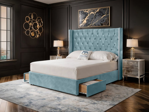 Duchess Button-Tufted Wingback Divan Bed Set with Storage Drawers, Floor Standing Headboard & Footboard