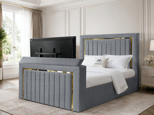 Gatsby Gold Frame Vertical Channel Storage TV Bed Set with End Lift – 48" Floor Standing Headboard