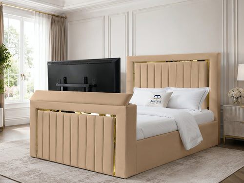 Gatsby Gold Frame Vertical Channel Storage TV Bed Set with End Lift – 48" Floor Standing Headboard