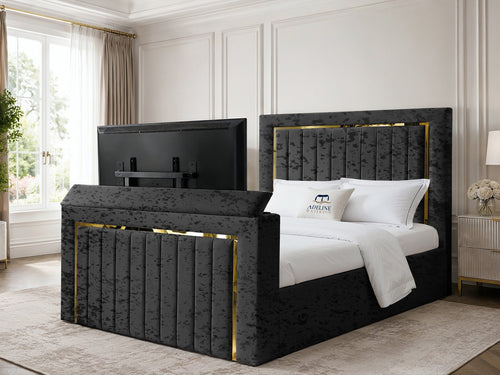 Gatsby Gold Frame Vertical Channel Storage TV Bed Set with End Lift – 48" Floor Standing Headboard