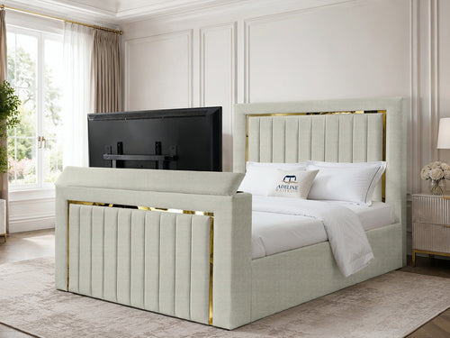 Gatsby Gold Frame Vertical Channel Storage TV Bed Set with End Lift – 48" Floor Standing Headboard