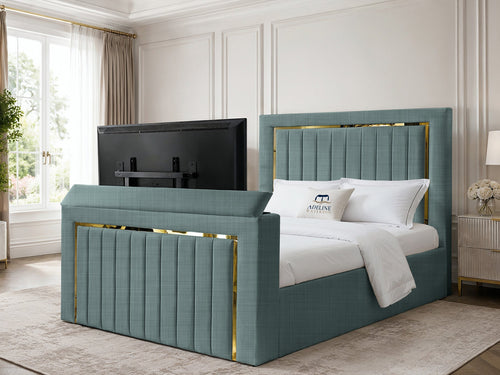 Gatsby Gold Frame Vertical Channel Storage TV Bed Set with End Lift – 48" Floor Standing Headboard
