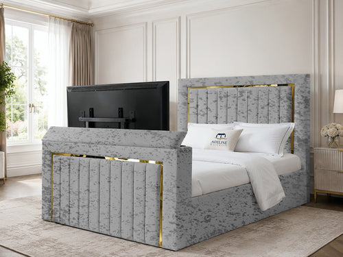 Gatsby Gold Frame Vertical Channel Storage TV Bed Set with End Lift – 48" Floor Standing Headboard