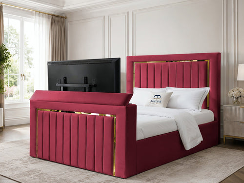 Gatsby Gold Frame Vertical Channel Storage TV Bed Set with End Lift – 48" Floor Standing Headboard