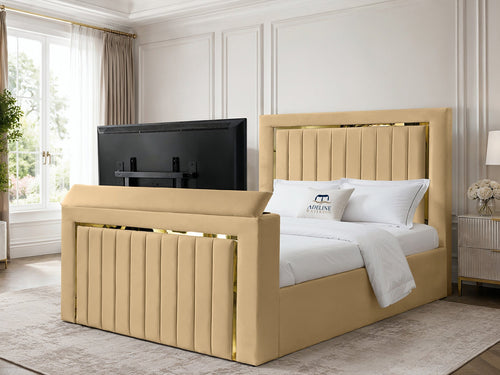 Gatsby Gold Frame Vertical Channel Storage TV Bed Set with End Lift – 48" Floor Standing Headboard