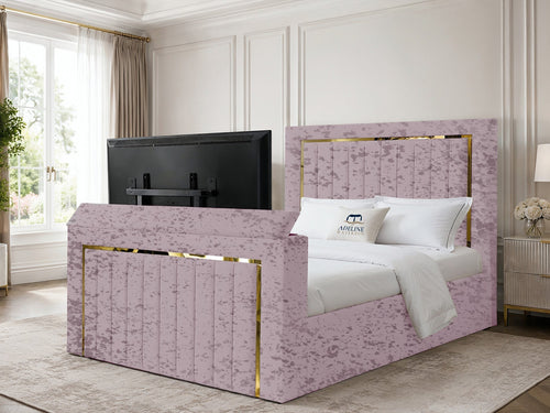 Gatsby Gold Frame Vertical Channel Storage TV Bed Set with End Lift – 48" Floor Standing Headboard