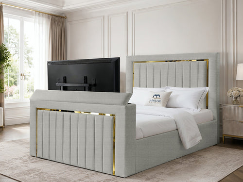 Gatsby Gold Frame Vertical Channel Storage TV Bed Set with End Lift – 48" Floor Standing Headboard