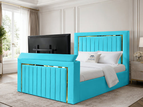 Gatsby Gold Frame Vertical Channel Storage TV Bed Set with End Lift – 48" Floor Standing Headboard