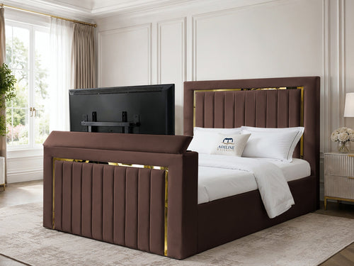 Gatsby Gold Frame Vertical Channel Storage TV Bed Set with End Lift – 48" Floor Standing Headboard