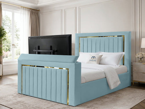 Gatsby Gold Frame Vertical Channel Storage TV Bed Set with End Lift – 48" Floor Standing Headboard