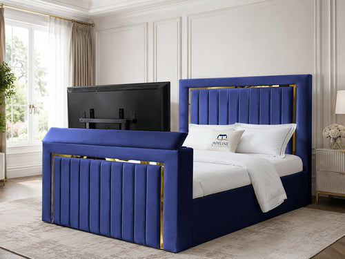 Gatsby Gold Frame Vertical Channel Storage TV Bed Set with End Lift – 48" Floor Standing Headboard