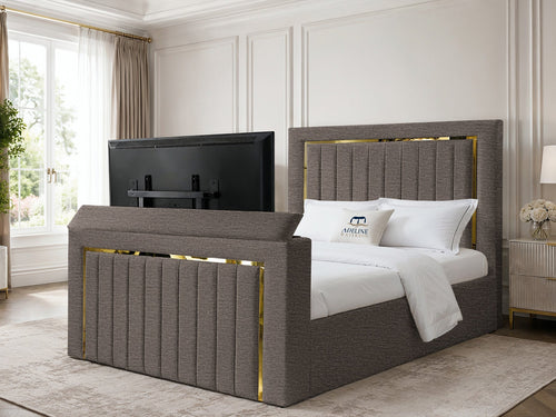 Gatsby Gold Frame Vertical Channel Storage TV Bed Set with End Lift – 54" Floor Standing Headboard