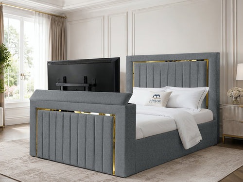 Gatsby Gold Frame Vertical Channel Storage TV Bed Set with End Lift – 54" Floor Standing Headboard