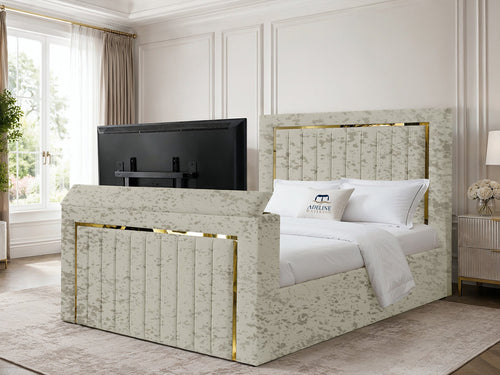 Gatsby Gold Frame Vertical Channel Storage TV Bed Set with End Lift – 60" Floor Standing Headboard