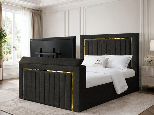 Gatsby Gold Frame Vertical Channel Storage TV Bed Set with End Lift – 60" Floor Standing Headboard