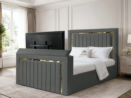 Gatsby Gold Frame Vertical Channel Storage TV Bed Set with End Lift – 60" Floor Standing Headboard