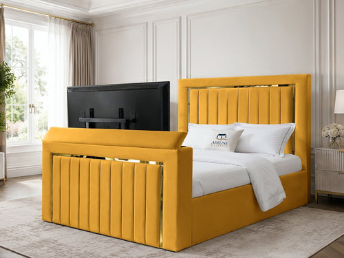 Gatsby Gold Frame Vertical Channel Storage TV Bed Set with End Lift – 60" Floor Standing Headboard