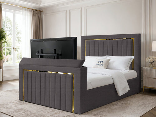 Gatsby Gold Frame Vertical Channel Storage TV Bed Set with End Lift – 60" Floor Standing Headboard