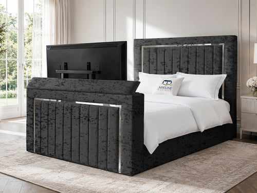 Gatsby Silver Frame Vertical Channel Storage TV Bed Set with End Lift – 54" Floor Standing Headboard