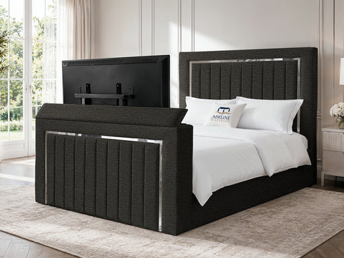 Gatsby Silver Frame Vertical Channel Storage TV Bed Set with End Lift – 54" Floor Standing Headboard