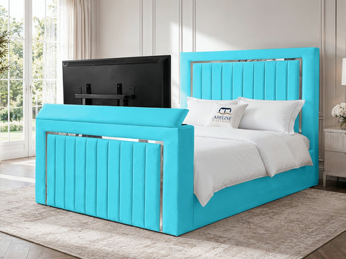 Gatsby Silver Frame Vertical Channel Storage TV Bed Set with End Lift – 54" Floor Standing Headboard