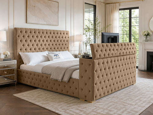 Grandeur Chesterfield Button-Tufted Storage TV Bed Set with End Lift – 48" Floor Standing Headboard